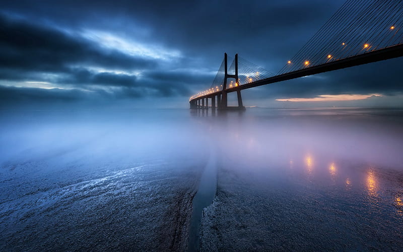 Vasco da Gama Bridge, Lisbon, Tagus River, evening, sunset, fog, bridge, Portugal, cable-stayed bridge, HD wallpaper
