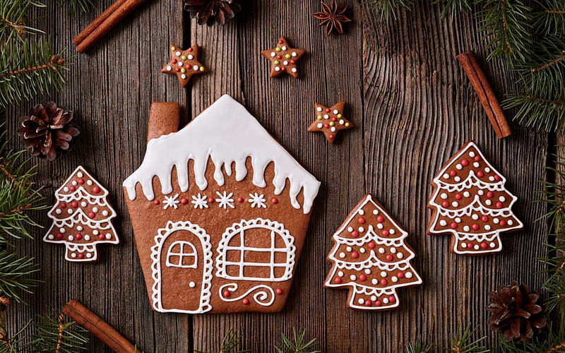 Merry Christmas!, deco, house, craciun, christmas, food, sweet, dessert, cookies, tree, gingerbrad, wood, HD wallpaper