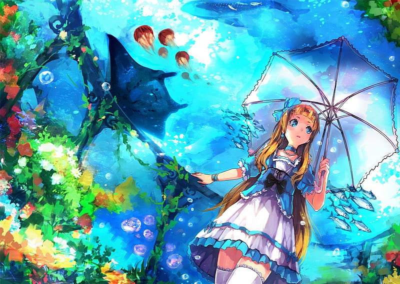 Underwater World World Dress Fish Orange Umbrella Sea Green Anime Aqua Hd Wallpaper Peakpx