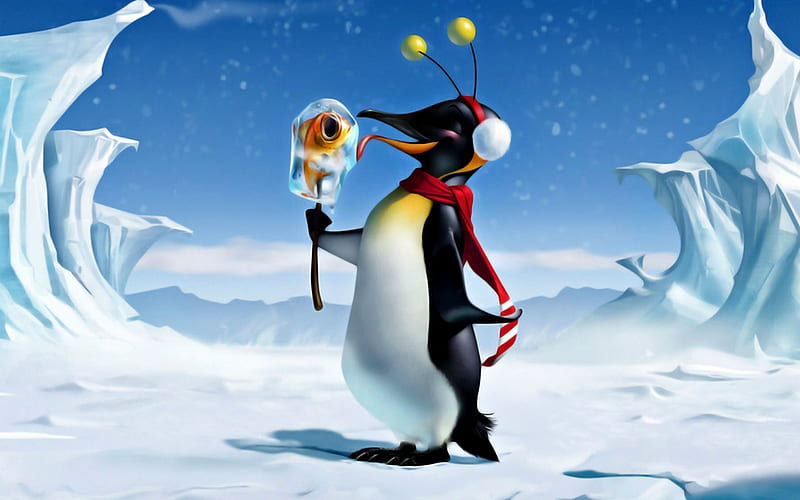 Happy penguin with fish ice cream, fish, ice cream, penguin, black, situation, winter, fantasy, snow, summer, funny, HD wallpaper