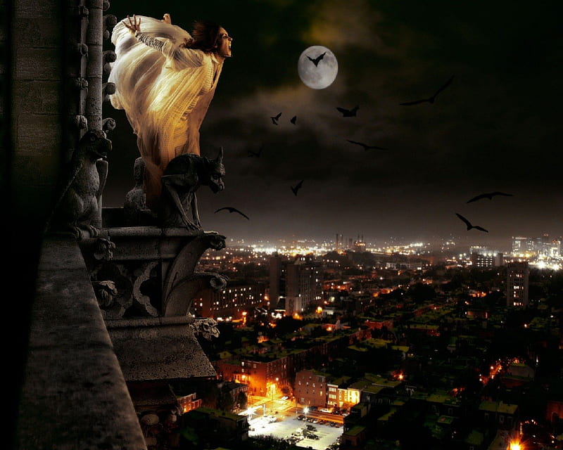 Time To Feed, Moon, Bats, Female, Vampire, City, Night, HD wallpaper