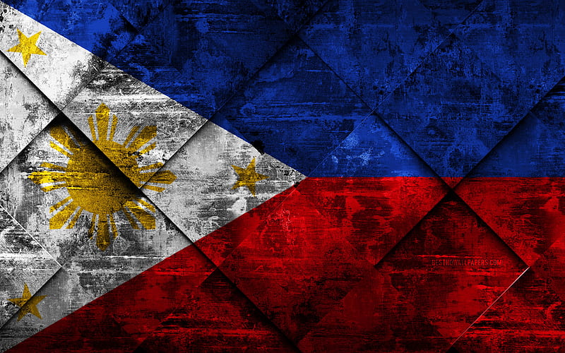 Flag of Philippines grunge art, rhombus grunge texture, Philippines flag, Asia, national symbols, Philippines, creative art, HD wallpaper