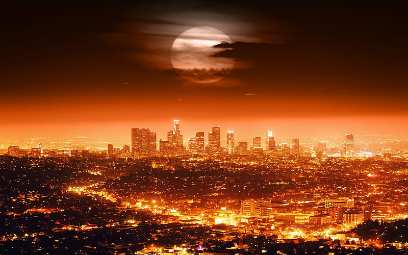 Los Angeles, nightscapes, american cities, moon, California, America, Los Angeles at night, USA, City of Los Angeles, Cities of California, HD wallpaper