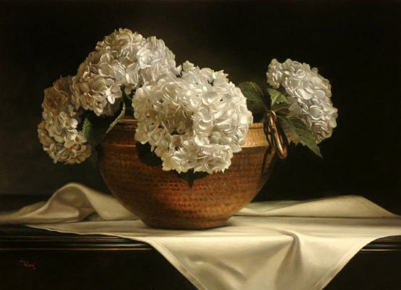 White On White, still life, white hydrangeas, tabletop, white fabric, gold bowl, flowers, hydrangeas, HD wallpaper
