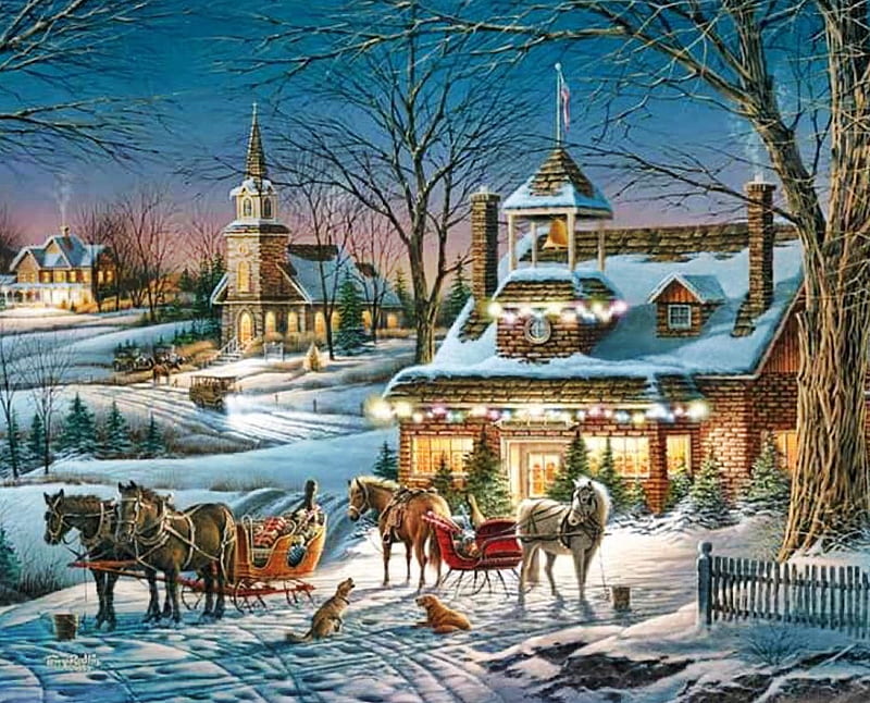 Winter beauty, houses, Horses, winter, Cottage, snow, painting, beauty ...