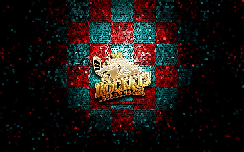 Kelowna Rockets, glitter logo, WHL, red blue checkered background, hockey, canadian hockey team, Kelowna Rockets logo, mosaic art, canadian hockey league, HD wallpaper