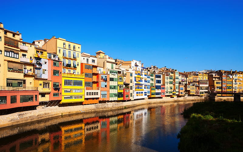 Girona, river Onyar, summer colorful houses, unusual urban architecture, Spain, HD wallpaper