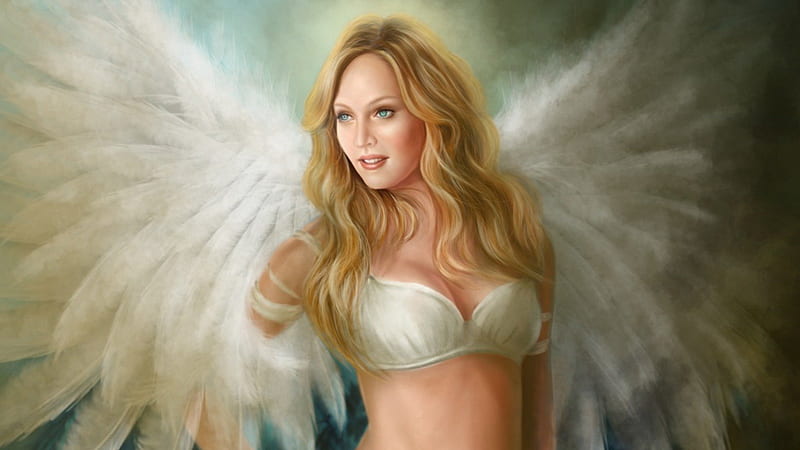 Beautiful Angel, female, wings, angel, bonito, woman, winged, religous, fantasy, white, HD wallpaper