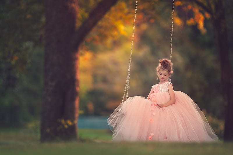 autumn, dress, swing, girl, meg bitton, copil, child, pink, tree, HD wallpaper