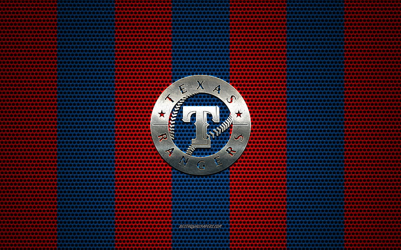 Texas Rangers logo, American baseball club, metal emblem, red blue metal mesh background, Texas Rangers, MLB, Arlington, Texas, USA, baseball, HD wallpaper