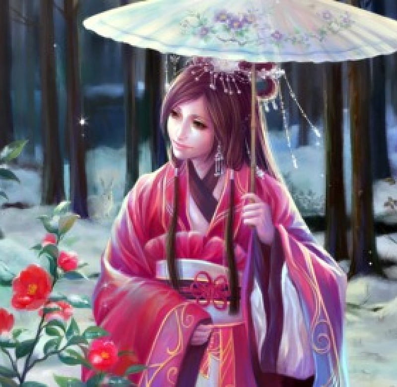 Oriental beauty, rose, umbrella, woman, kimono, geisha, winter, girl, sunmomo, flower, asian, garden, white, pink, HD wallpaper