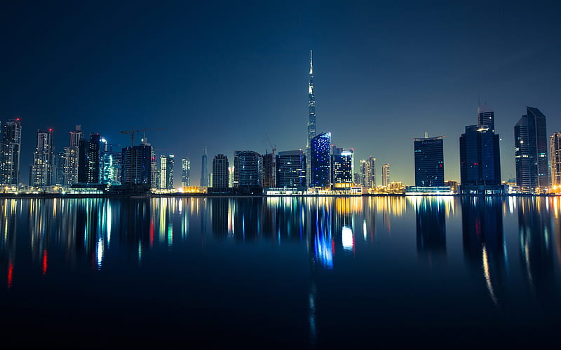 Dubai, Burj Khalifa, nightscapes, modern buildings, skyscrapers, United Arab Emirates, cityscapes, Dubai at night, UAE, HD wallpaper