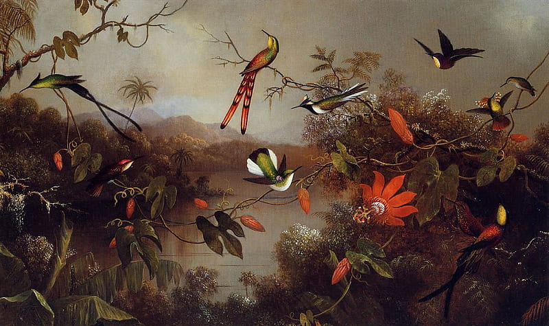 Paradise of birds, wings, hummingbirds, flight, birds, flutter, leaves, painting, flowers, branches, HD wallpaper