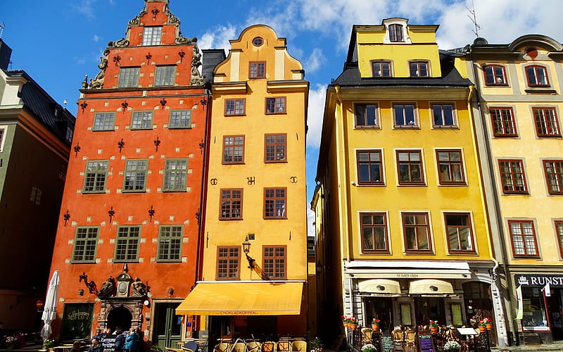 Stockholm, Sweden, colored houses, cafes, Stockholm street, HD wallpaper
