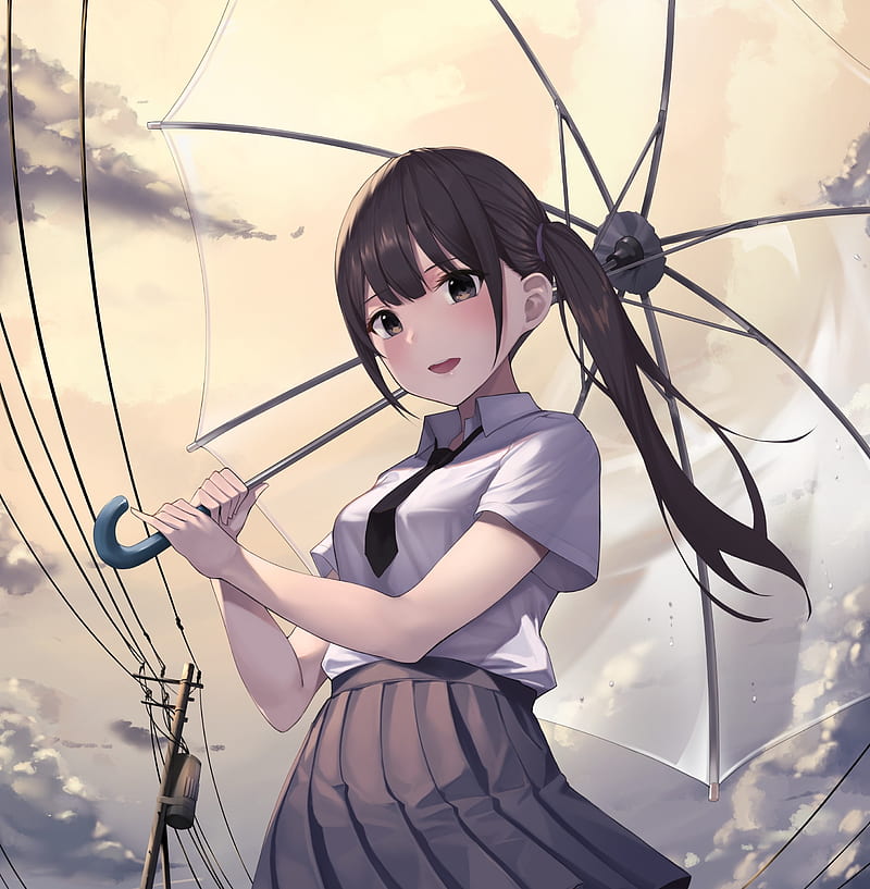 anime girl, transparent umbrella, brown hair, ponytail, clouds, scenery, Anime, HD phone wallpaper