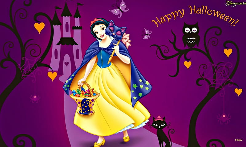 Happy Halloween!, fanart, movie, halloween, snow white, yellow, fantasy, bat, pink, disney, blue, owl, black, cat, tree, girl, purple, basket, castle, princess, HD wallpaper