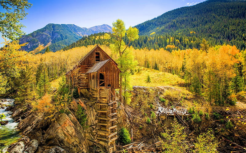 Crystal River Mill, Colorado, colors, fall, aspen, mountains, nature, HD wallpaper