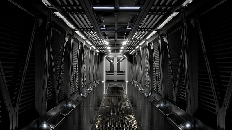 corridor, tunnel, metal, black and white, HD wallpaper