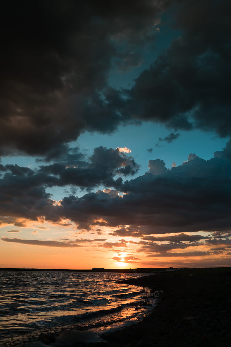 sea, sunset, coast, dusk, dark, HD phone wallpaper