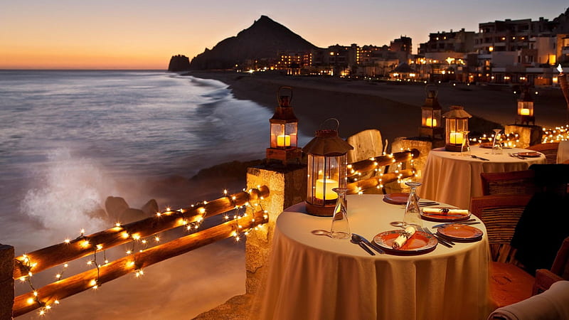 candlelight dinner on the beach at sunset, beach, city, restaurant, sunset, waves, HD wallpaper