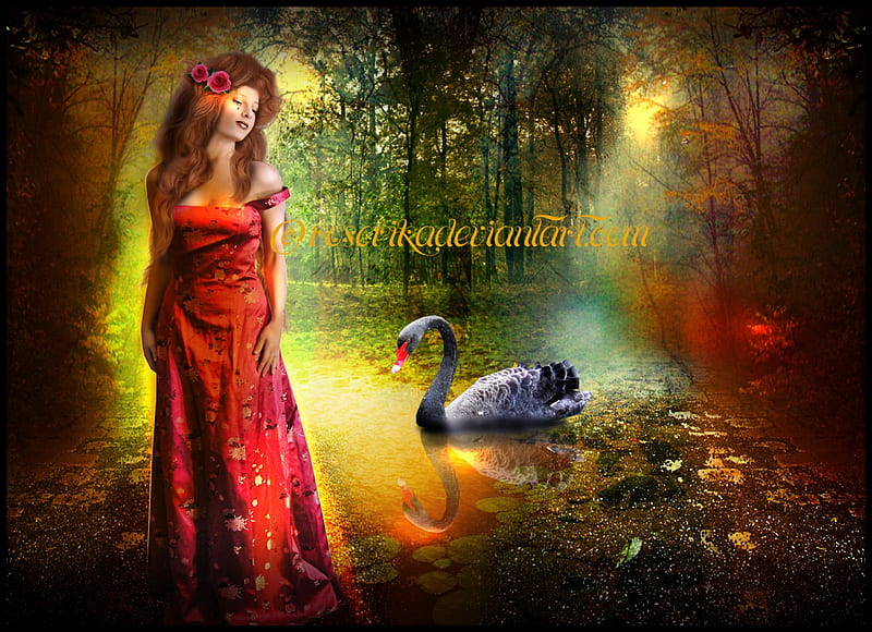 **The Nymph of the Black Swan**, pretty, wonderful, magic, women, sweet, fantasy, splendor, manipulation, love, emotional, face, lovely, models, black, abstract, lips, cute, cool, hop, eyes, colorful, red dress, splendid, nymph, bonito, swan, digital art, hair, emo, Roserika, girls, gorgeous, artists, amazing, female, colors, backgrounds, HD wallpaper