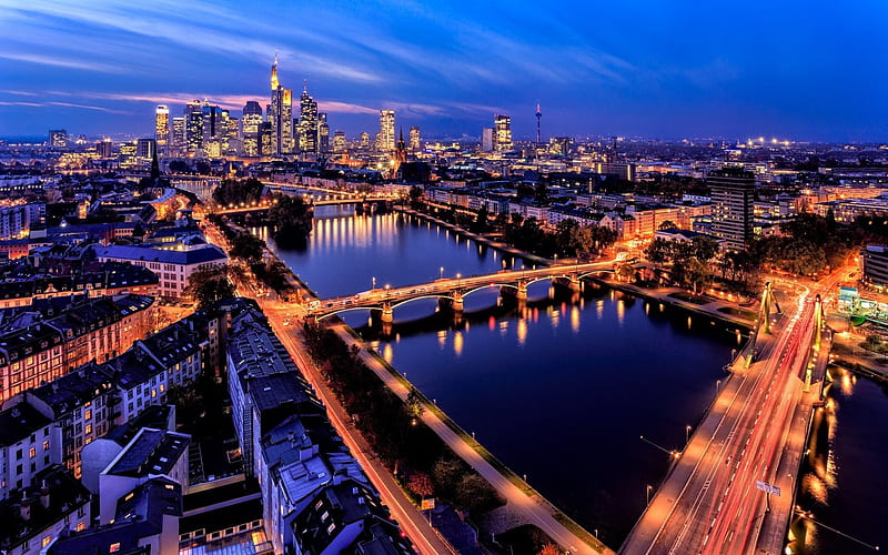 Frankfurt am Main, night, bridges, Hesse Innenstadt, Germany, HD wallpaper