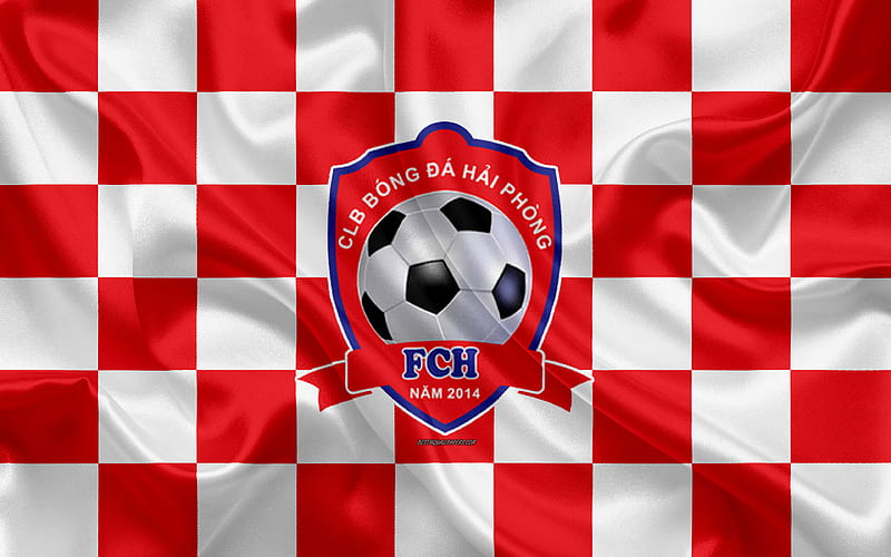 Hai Phong FC logo, creative art, red and white checkered flag, Vietnamese football club, V League 1, emblem, silk texture, Haiphong, Vietnam, HD wallpaper