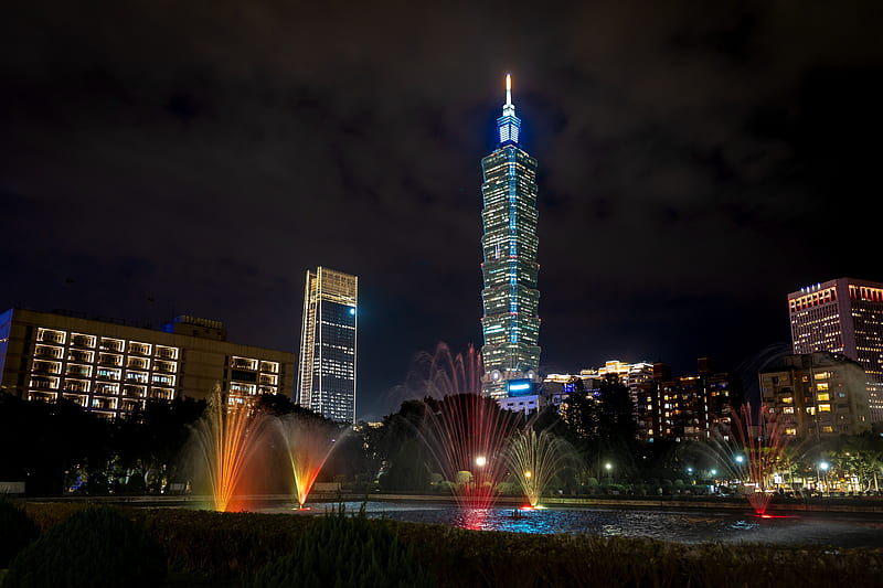 tower, night city, lights, city lights, taipei, taiwan, HD wallpaper