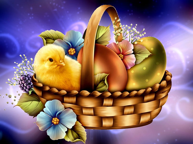 Happy Easter!, pretty, colorful, chicken, holiday, background, bonito, easter, spring, lvoely, happy, cute, basket, eggs, flowers, HD wallpaper