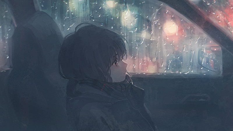 anime girl, raining, car, scarf, winter, Anime, HD wallpaper
