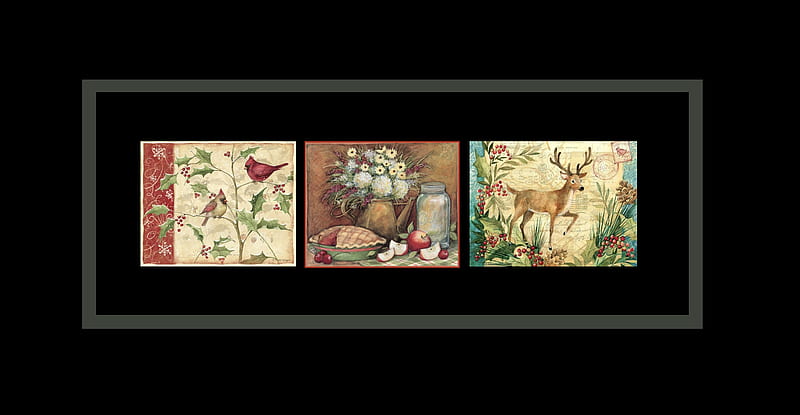 Elements of Autumn, holly leaves and berries, white stag, antler, cute, leaves, green, flowers, branches, evergreen needles, red, autumn, brown, male and female cardinal, apple pie, musical notes, pinecones, postal stamps, table, apples, sheet music, snowflakes, white, HD wallpaper