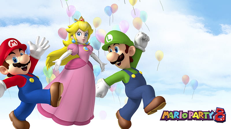 luigi mario princess peach with background of color balloons blue sky and clouds games, HD wallpaper