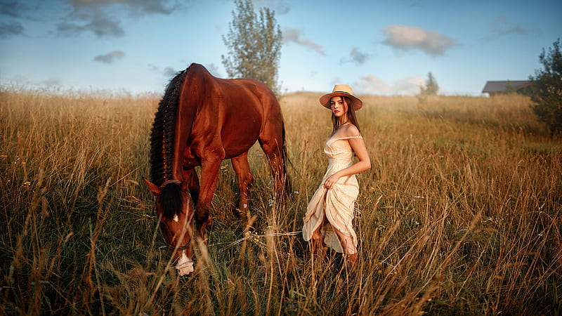 Girl With Horse Field , girls, model, horse, field, HD wallpaper