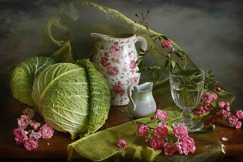 still life, beautiful, elegantly, cabbage, graphy, nice, cool, green, gentle, cup, flower, flowers, kettle, pink, harmony, HD wallpaper