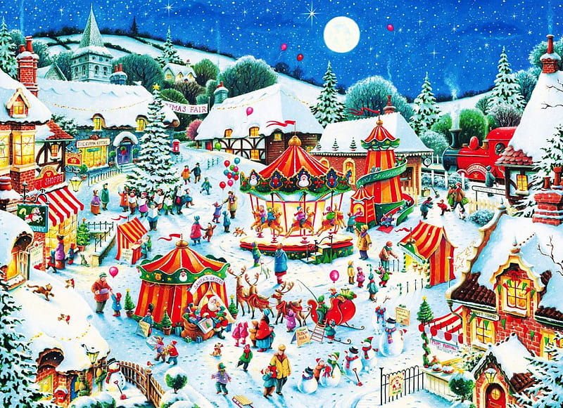 The Christmas Fair, snow, people, houses, town, artwork, market, winter, HD wallpaper