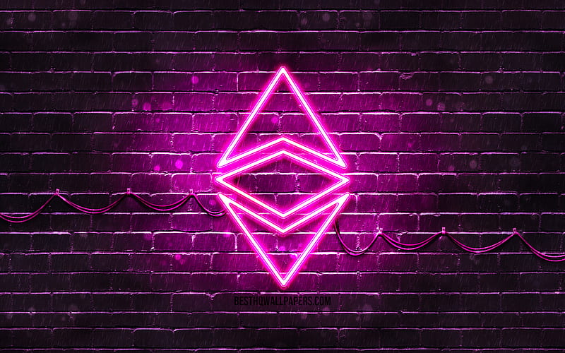 Ethereum purple logo purple brickwall, Ethereum logo, cryptocurrency, Ethereum neon logo, cryptocurrency signs, Ethereum, HD wallpaper
