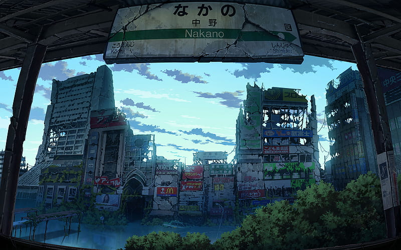 Destroyed Nakano, cloud, house, houses, town, nakano, sky, destroyed, tree, water, mc, train station, blue, HD wallpaper