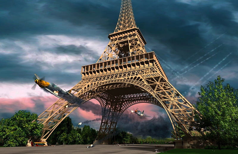 The Chase, aircraft, ww2, paris, eiffell tower, dogfight, HD wallpaper