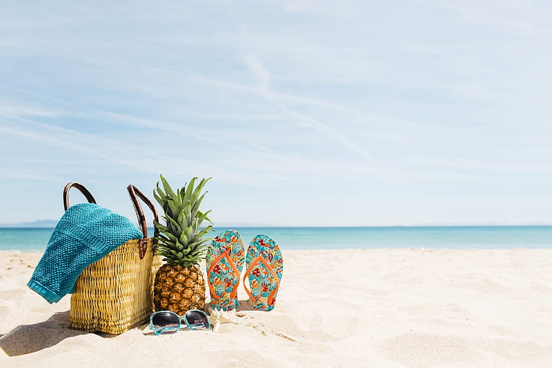 *, Bag, Summer, Vacation, Sand, Pineapple, Flip flop, HD wallpaper