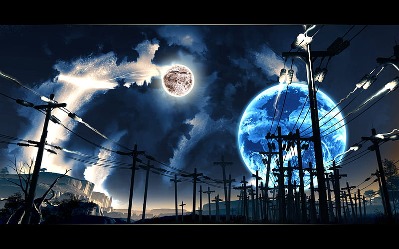 Overhead power line, moon, line, power, trees, earth, HD wallpaper