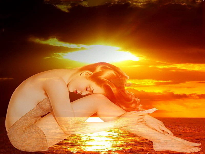 Sadness, 3d, sun, manipulation, sad, sunset, sky, woman, HD wallpaper
