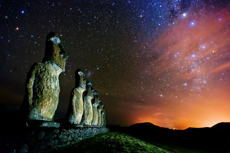 Night, Starry Sky, Moai, Easter Island, , Chile's Protectorat, Rapanui, HD wallpaper