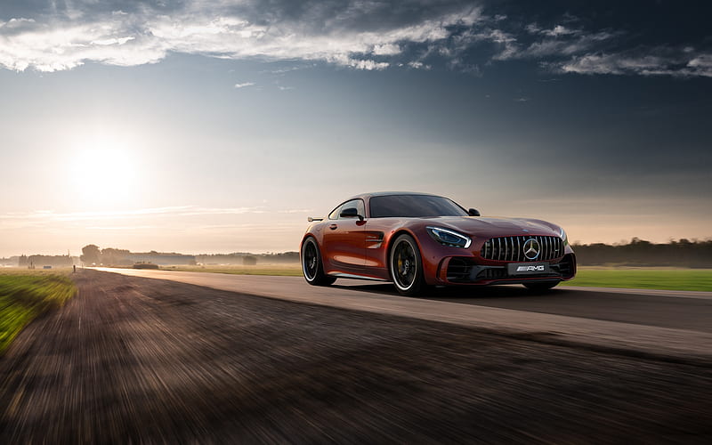 mercedes-amg gt r, road, sunlight, clouds, sky, luxury cars, Vehicle, HD wallpaper