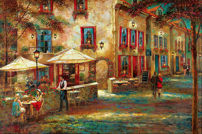 Evening in the Pub, street, umbrellas, house, tables, restaurant, painting, chairs, artwork, HD wallpaper