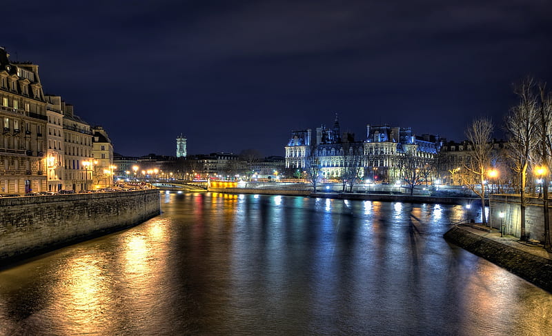 Paris, architecture, colorful, sena, monuments, bonito, lights, city, river, reflection, night, lanterns, view, houses, buildings, colors, sky, trees, water, france, peaceful, nature, HD wallpaper