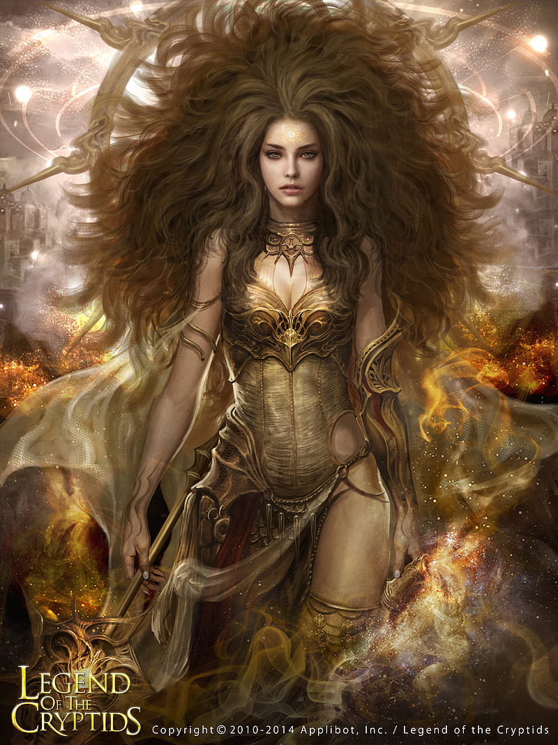 Daeho Cha, drawing, Legend of the Cryptids, women, brunette, long hair, wavy hair, warrior, armor, cleavage, brown clothing, thigh-highs, fire, sparks, armlet, staff, spell, looking at viewer, collar, tattoo, face paint, shining, frontal view, figure-hugging armor, HD phone wallpaper