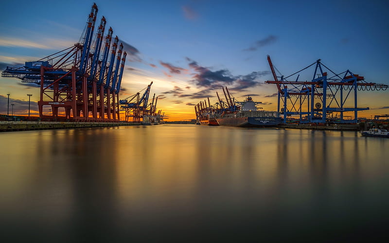 Hamburgo, puerto, grúas, puesta de sol, buques de carga, Alemania, Fondo de pantalla HD