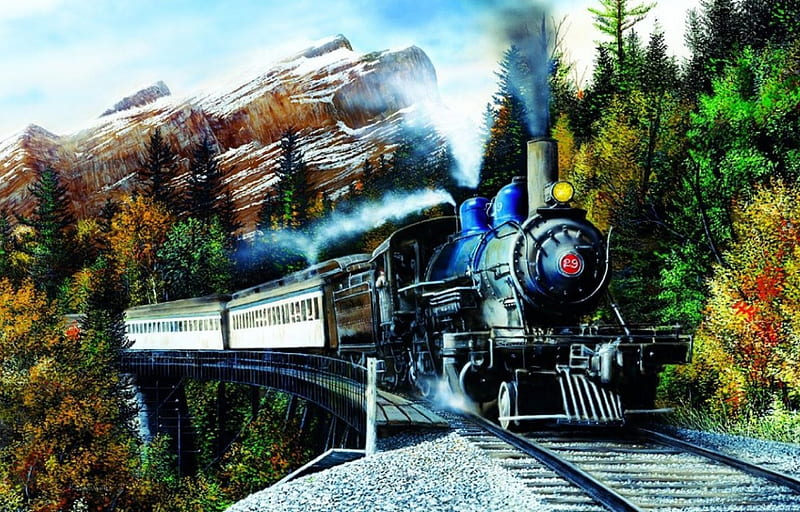 Autumn Mist, forest, train, mountains, painting, railways, trees, artwork, HD wallpaper
