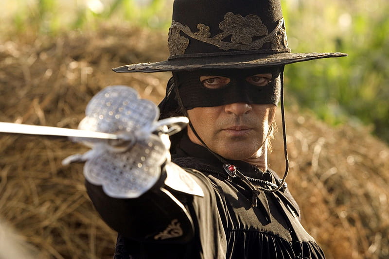 The Legend of Zorro (2005), black, man, hat, antonio banderas, alejandro de la vega, mask, the legend of zorro, sword, actor, HD wallpaper