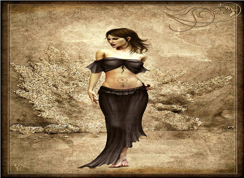 Mystery Woman, art, lady, swirly corner, tattoo, HD wallpaper